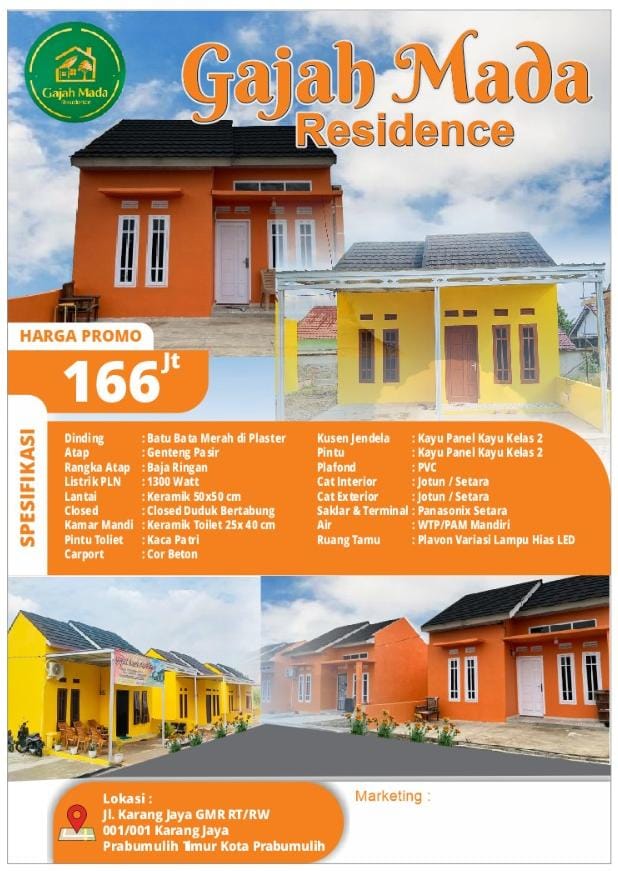 Brosur promosi harga rumah Gajah Mada Residence dengan penawaran spesial dan informasi kontak marketing