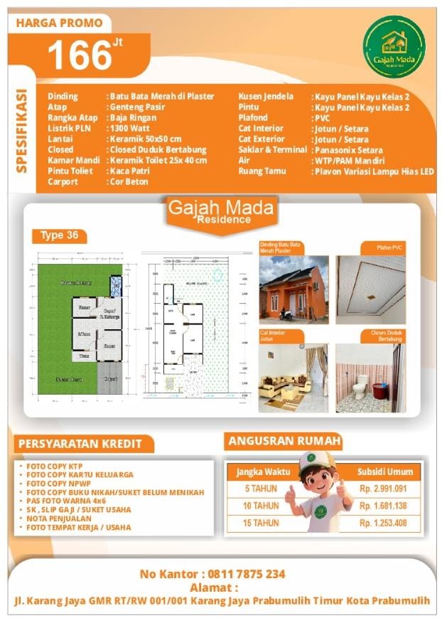 Brosur denah rumah Type 36 Gajah Mada Residence menampilkan layout ruangan dan persyaratan pengajuan KPR